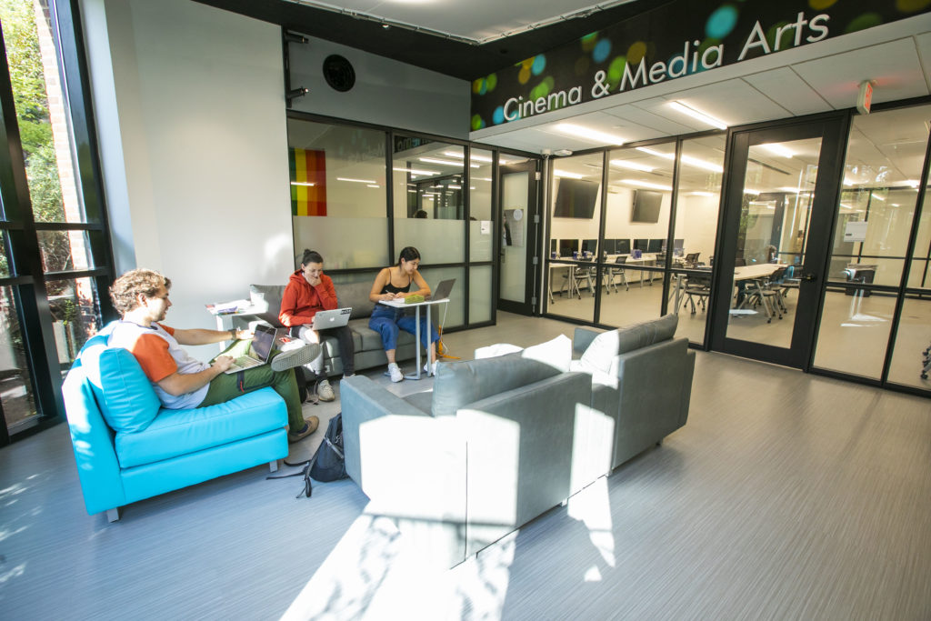 The CMA lobby with students sitting and studying