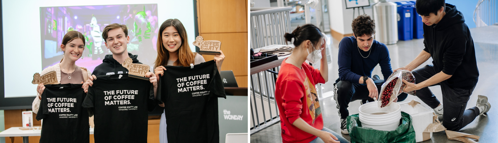 Images from the Coffee Equity Lab Program - Image 1: Finalists of the program; Image 2: Gautemala Bean Project