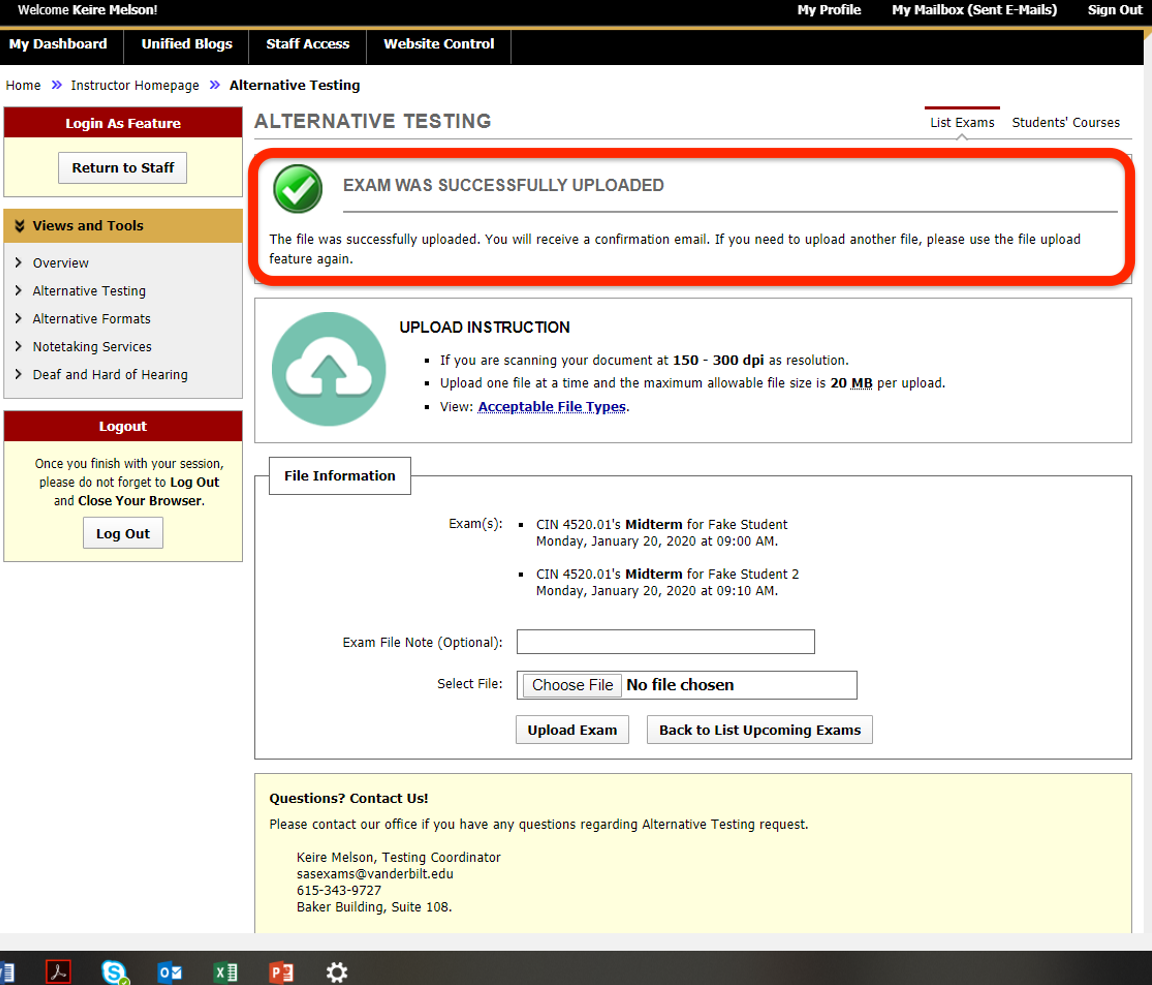 screenshot of portal after exam was successfully uploaded showing a green checkmark on the page