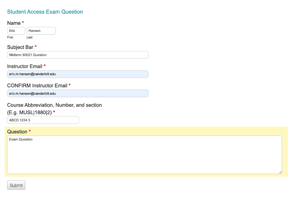exam question form includes student name, subject, instructor email, course abbreviation, and question