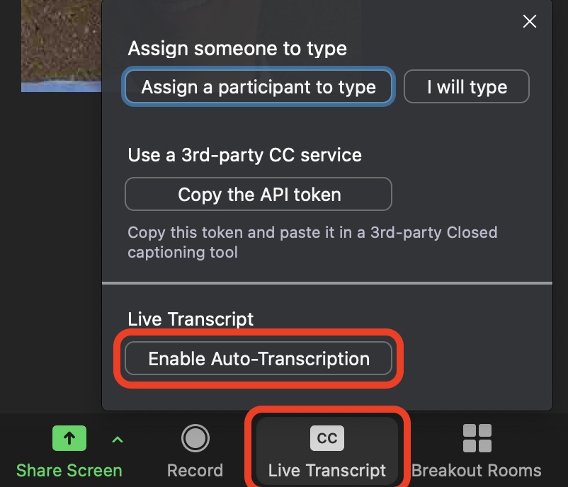 Zoom app, CC button expanded and box around enable auto transcription