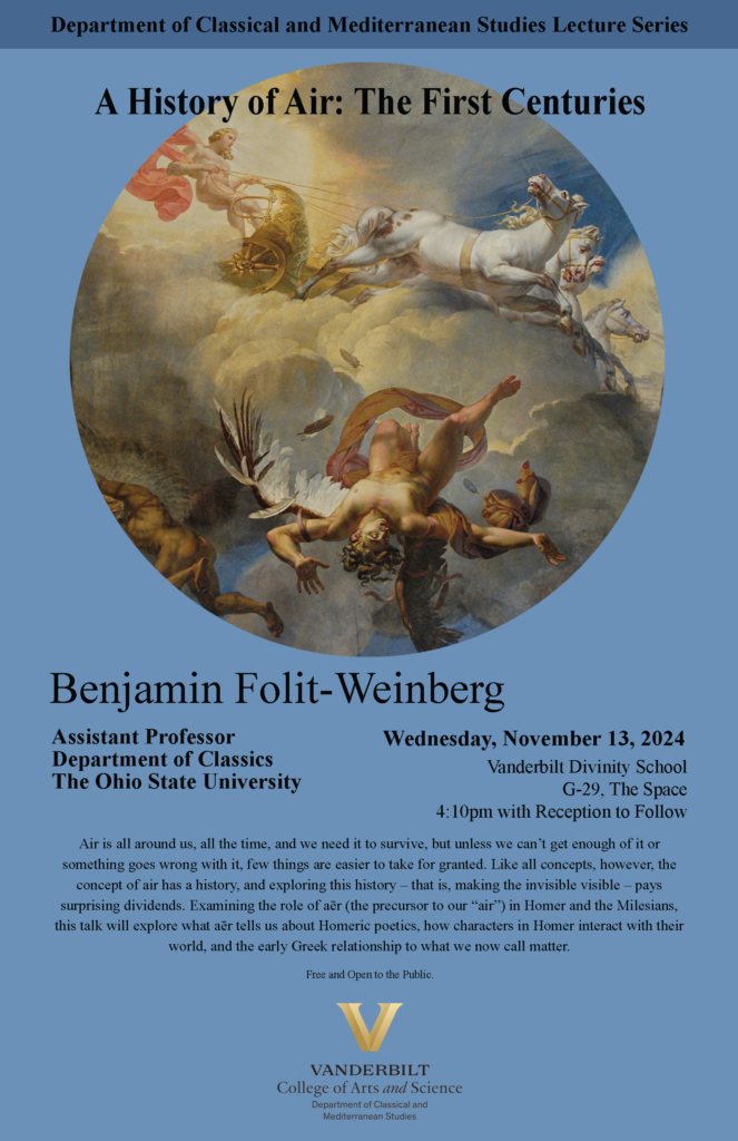 Blue poster featuring a painting of Icarus falling from the sky to advertise the lecture: A History of Air: The First Centuries