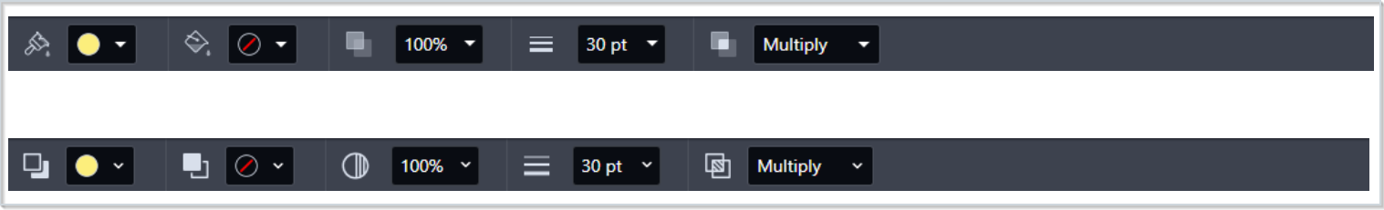 A comparison of the highlighter and drawing sub-toolbars between the previous icon style (top) and the new icon style (bottom).