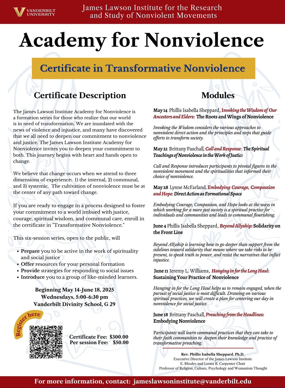 This image is a flyer description for the Academy for Non-Violence