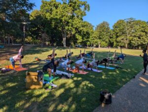 math students doing yoga in an open field