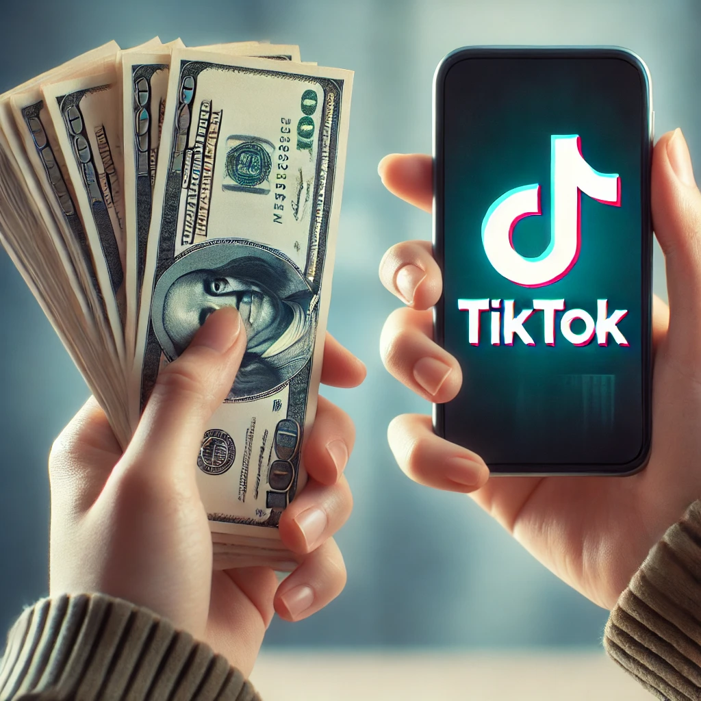 Main tenant un smartphone avec le logo TikTok et l'autre une liasse de dollars, symbolisant comment monétiser son compte TikTok