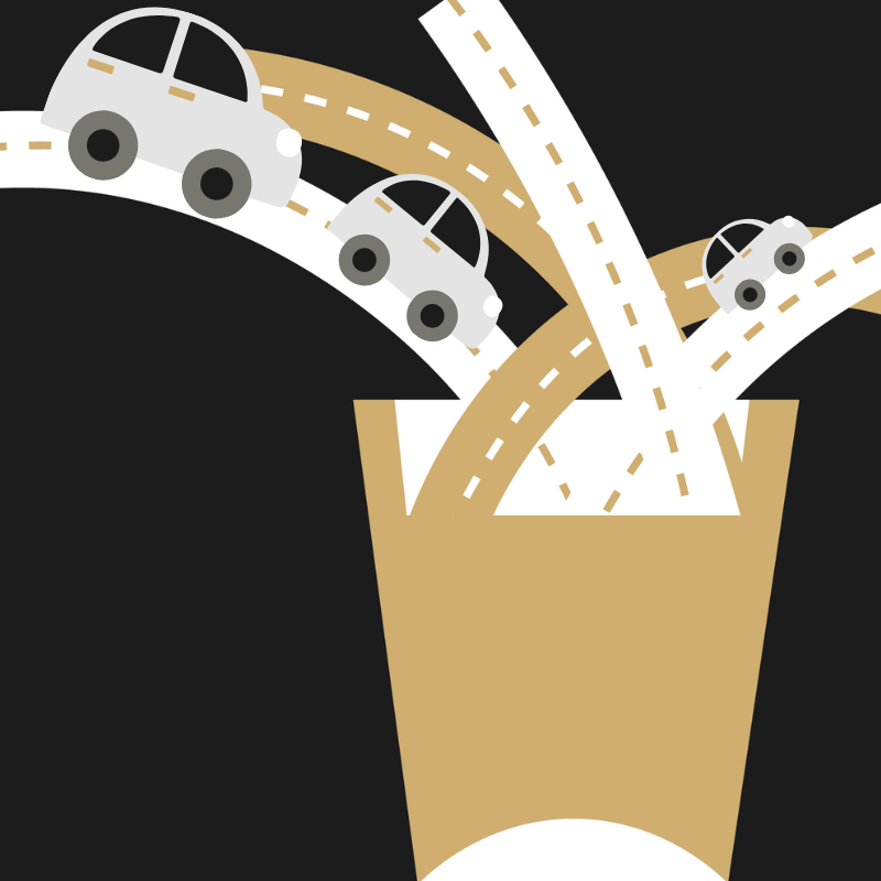 illustration of cars on roads that look like french fries | design by Liz Chagnon