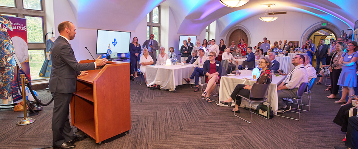 University Librarian Jon Shaw welcomed guests to Special Collections and University Archives in June for the announcement of a new partnership between Vanderbilt University and the Québec government. Photo by Harrison McClary/Vanderbilt University