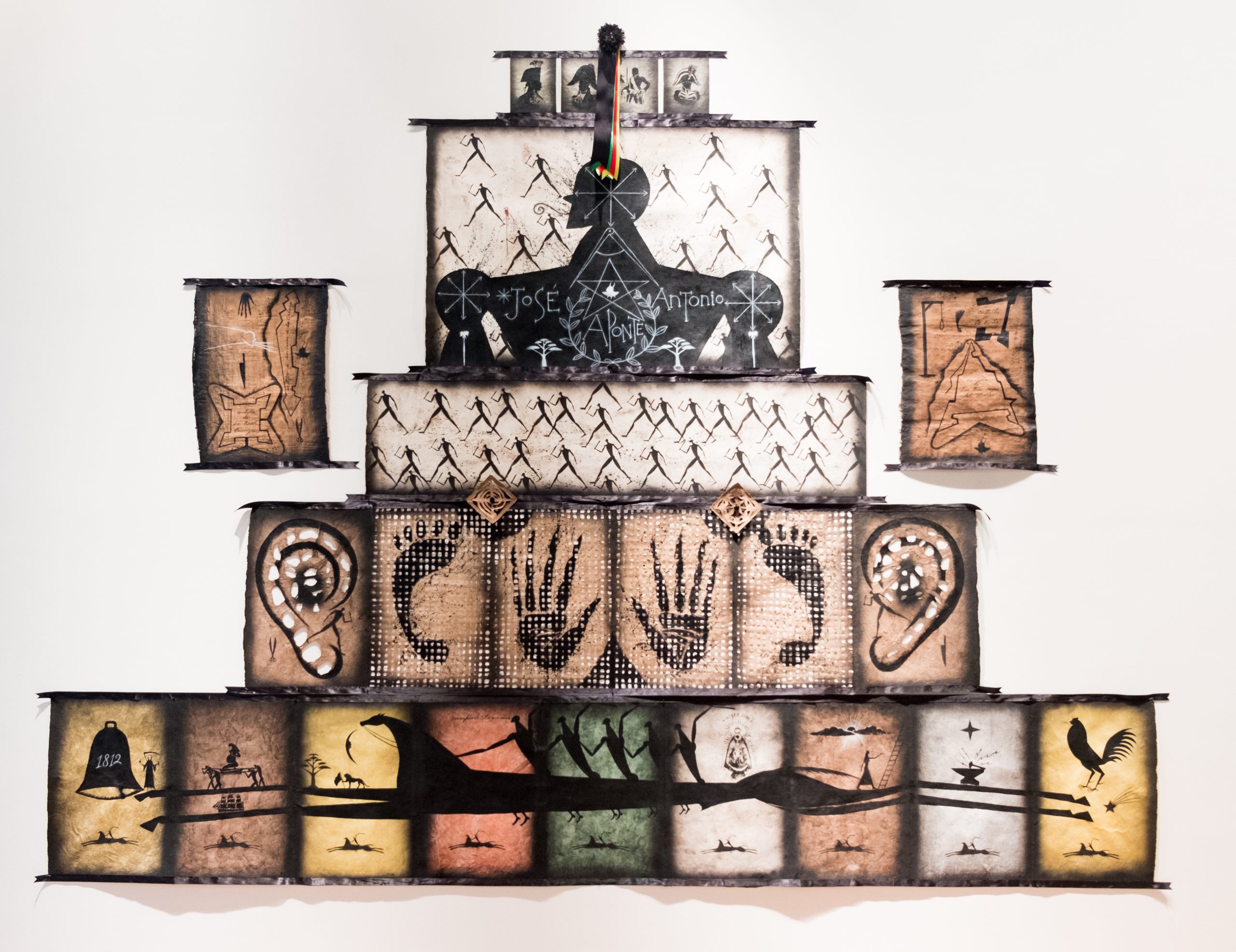 José Bedia, Júbilo de Aponte, 2017, mixed media on mixed papers, 106 x 143 inches. Courtesy of the artist.