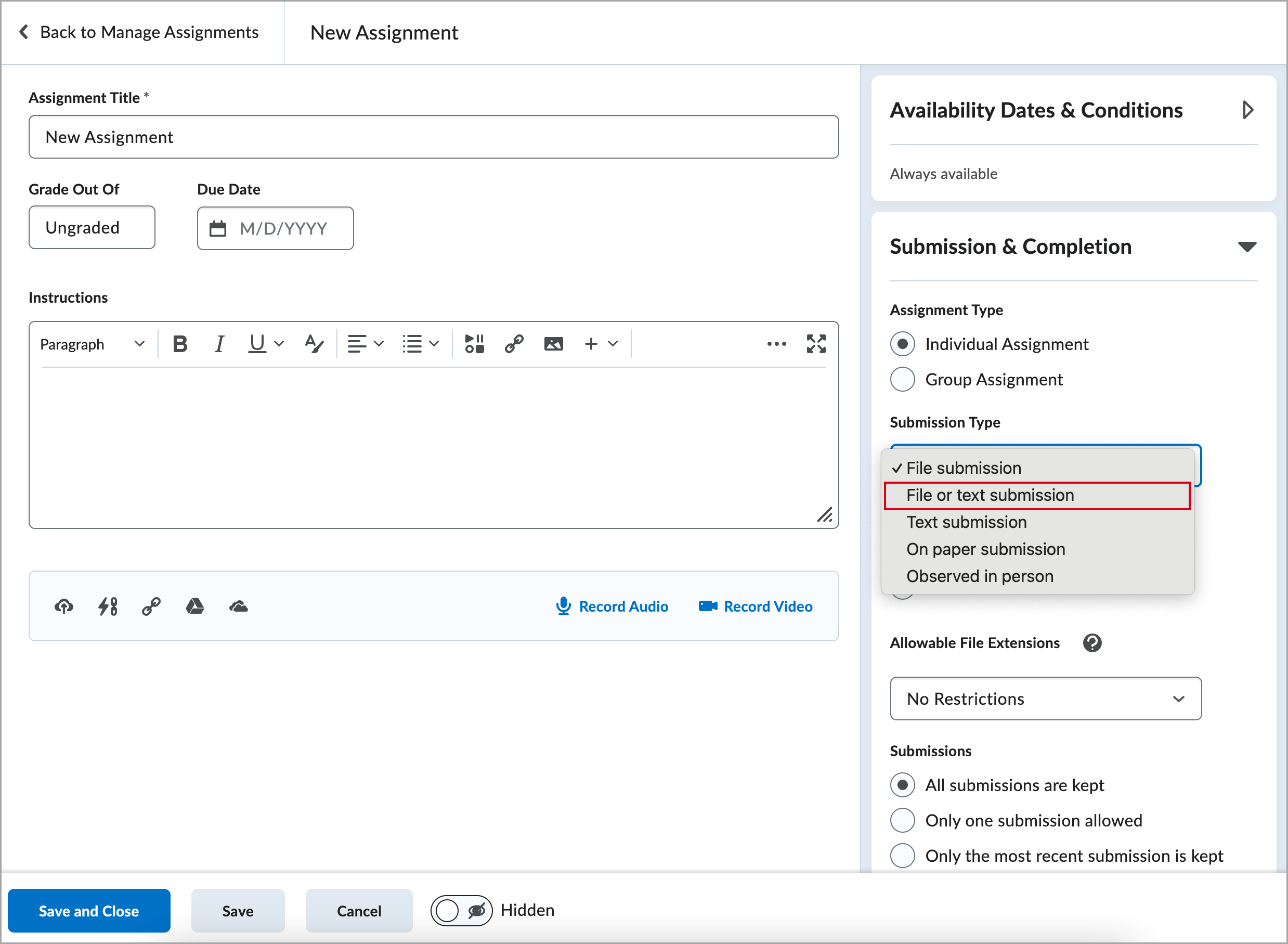 Expanded Submission Type menu showing five options: File submission, File or text submission, Text submission, On paper submission, and Observed in person.
