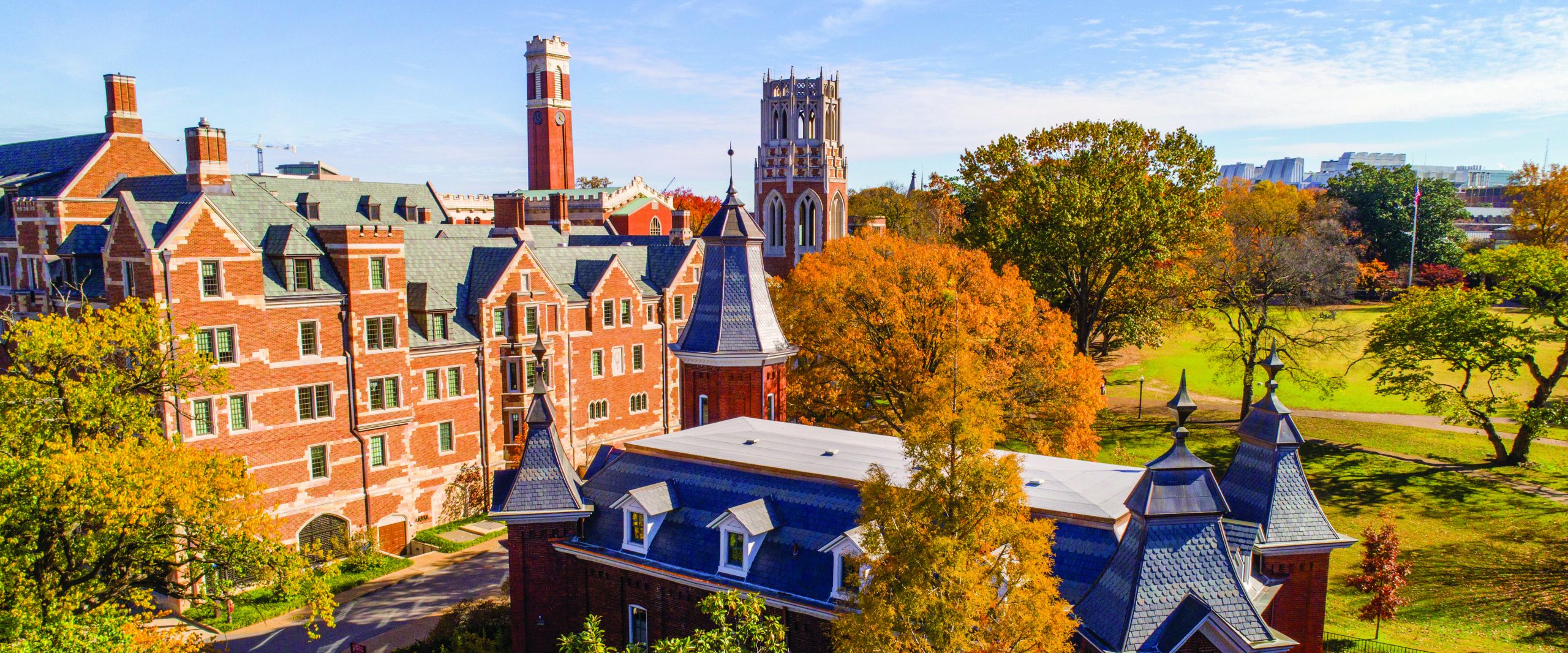 aerial view of campus in the fall showing historic campus center