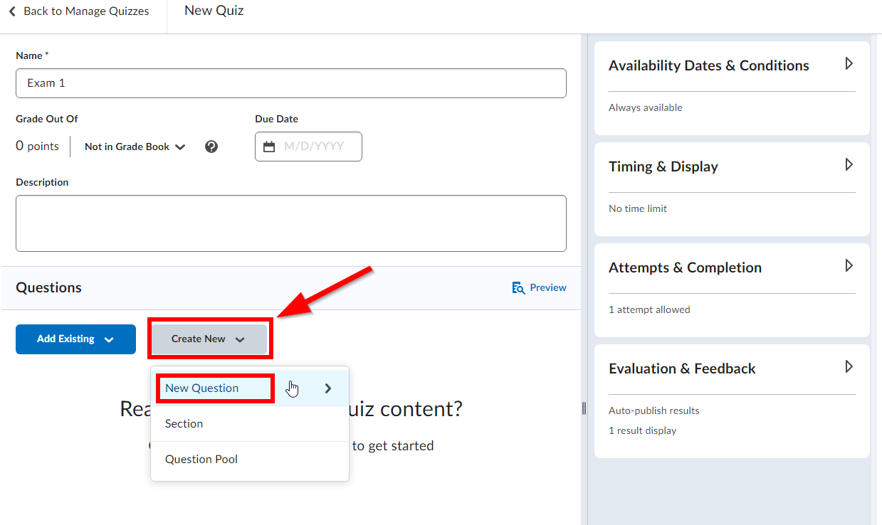 screenshot of edit quiz screen with highlighted box around the box labeled create new and an arrow pointing to the new question option