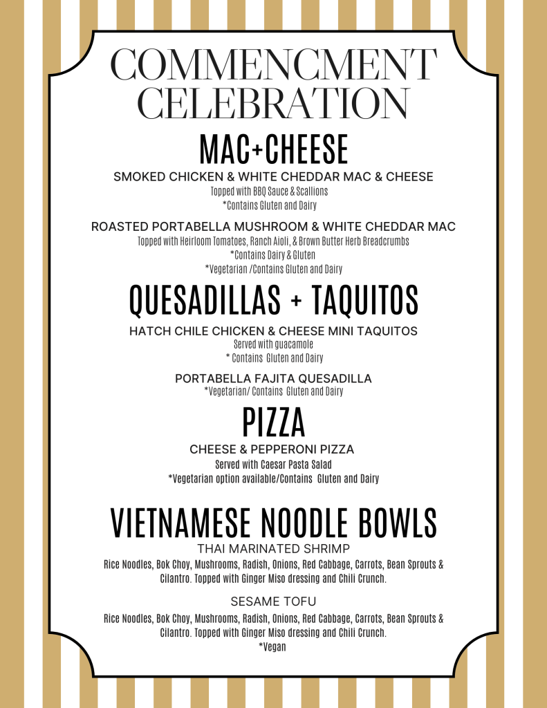 A menu outlining the items being served at the Commencement Celebration