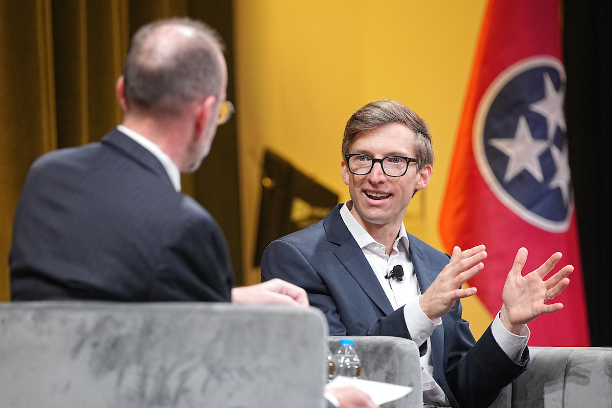Douglas Adams, Executive Director, Institute of National Security, Vanderbilt University; Distinguished Professor of Civil and Environmental Engineering and Professor of Mechanical Engineering, Vanderbilt University; and Chris Miller, Professor, Tufts University; Senior Fellow, American Enterprise Institute; Member, Geopolitics Advisory Council, McKinsey & Company talking during the Institute of National Security 2025 Summit on Modern Conflict and Emerging Threats. Photo: Harrison McClary/Vanderbilt University