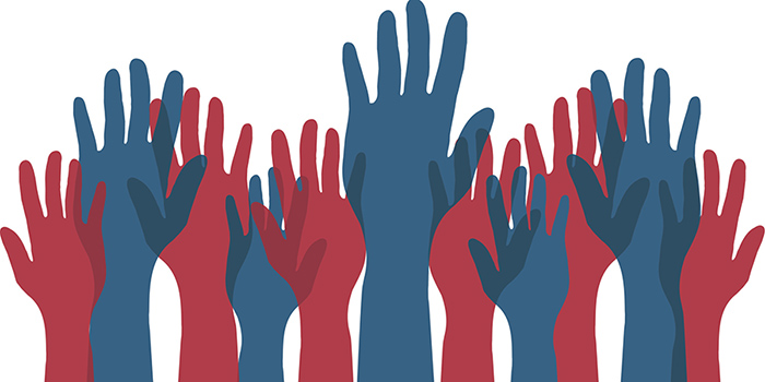 blue and red hands raised