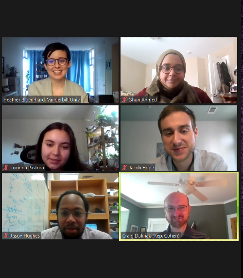 Members of the Vanderbilt community meet with a staff member from the Office of Rep. Steve Cohen (D-TN09). (Office of Federal Relations)