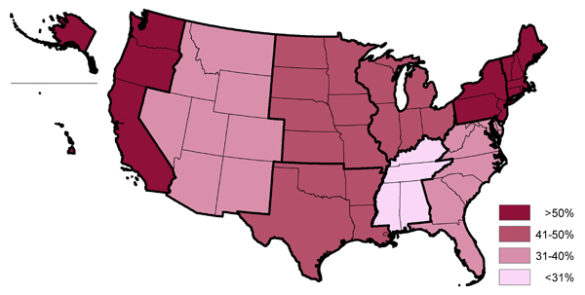 Percentage of U.S. adults who "strongly disagree" with President Trump’s proposal to eliminate federal funding for arts and culture by Census Division (percentage of adults with an opinion on the proposal)