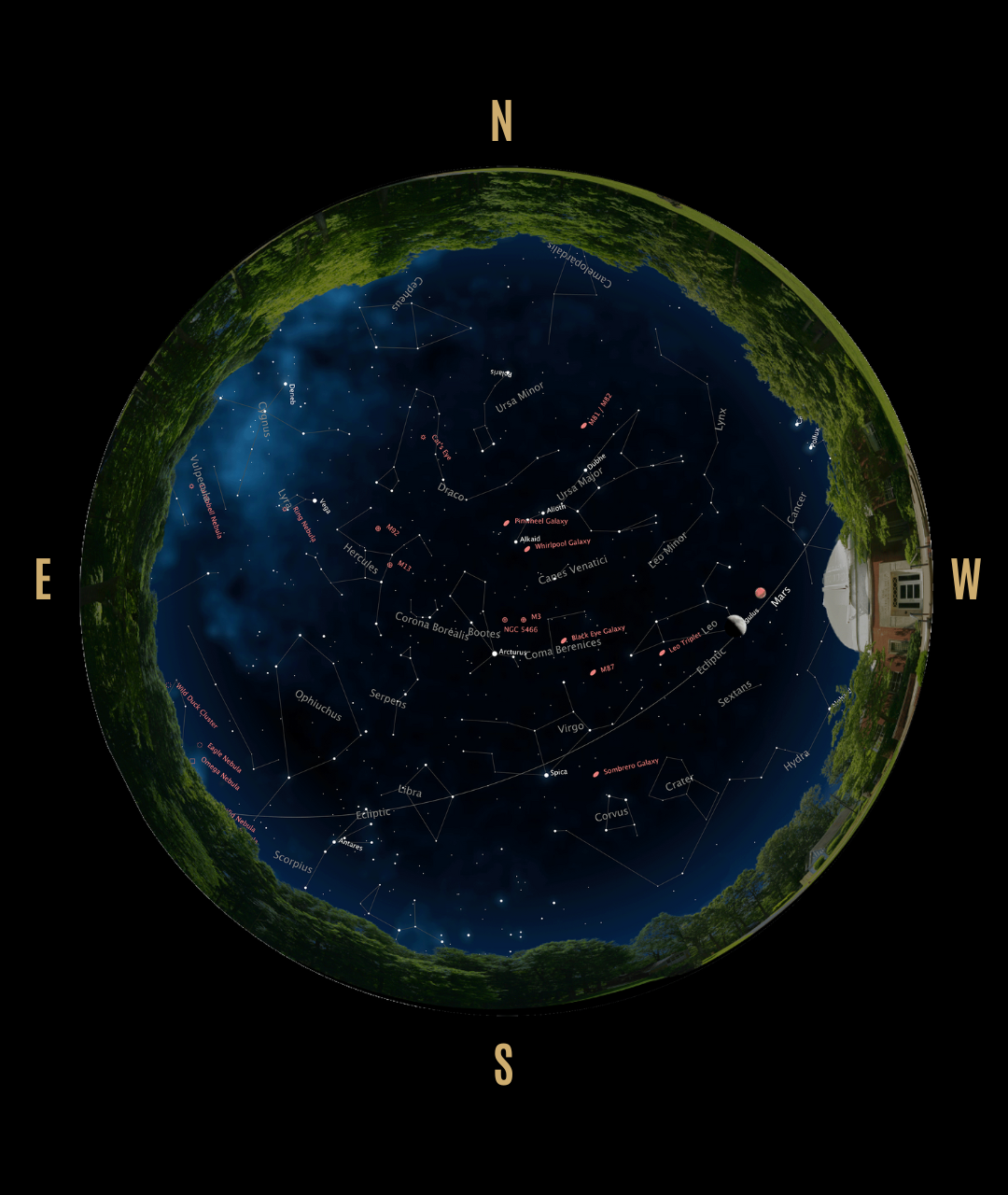 A map of where stars and planets will appear in the night sky in June