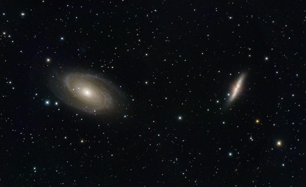 Galaxies M81 (left) and M82 (right) appear in the same field of view of many backyard telescopes. The featured image is a composite of images totaling nearly six hours of exposure taken with a 16″ telescope at Dyer Observatory. Credit: Billy Teets