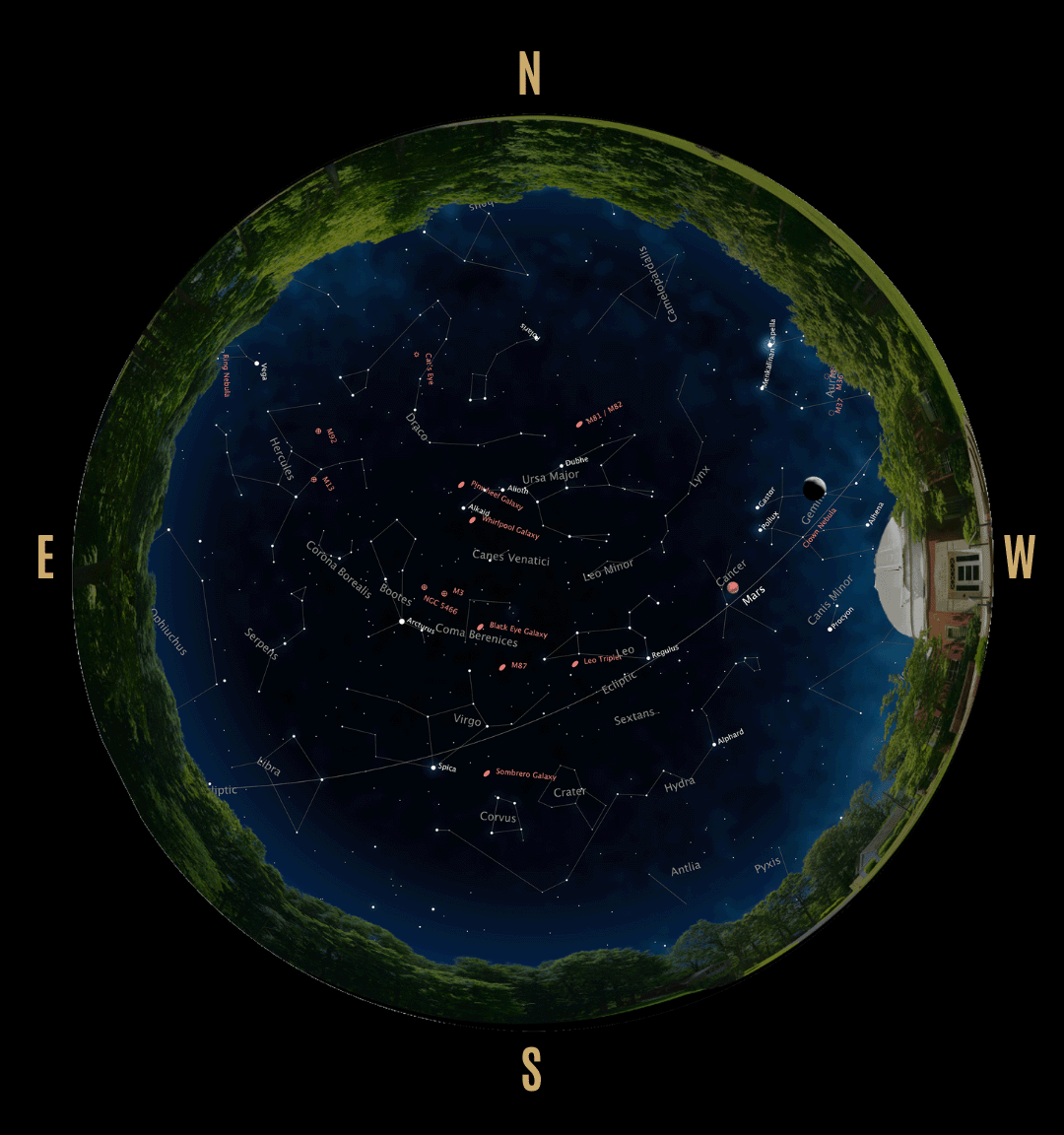 A map of where stars and planets will appear in the night sky in May
