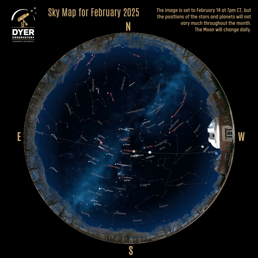 Sky map with Dyer Observatory's grounds around the perimeter