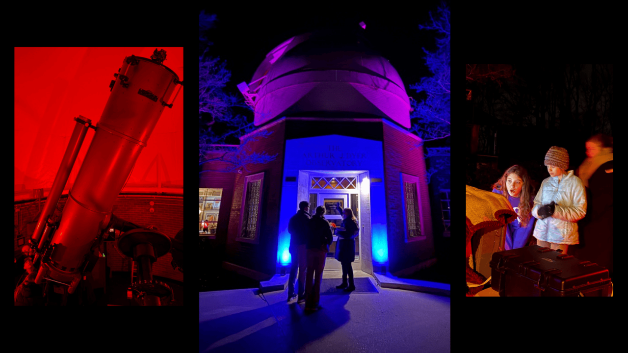 3 images: The Seyfert Telescope pointed to the sky, Visitors being greeted out front, Guests marveling at a display