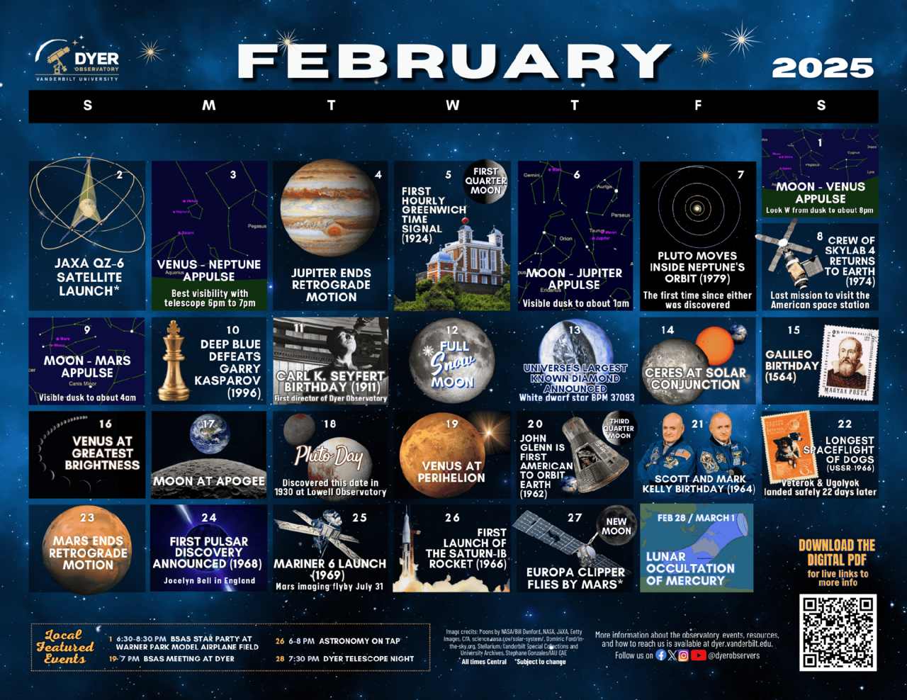 Calendar with a science event on each date