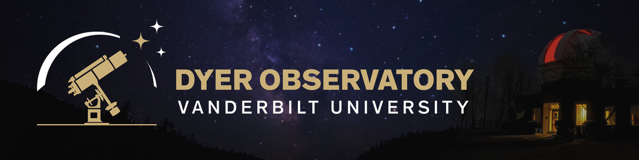 logo featuring an image of a telescope against a background image of the observatory on a starry night, Dyer Observatory Vanderbilt University