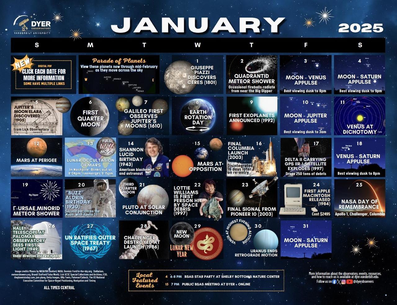 This month's Astro Calendar with a science event on each date
