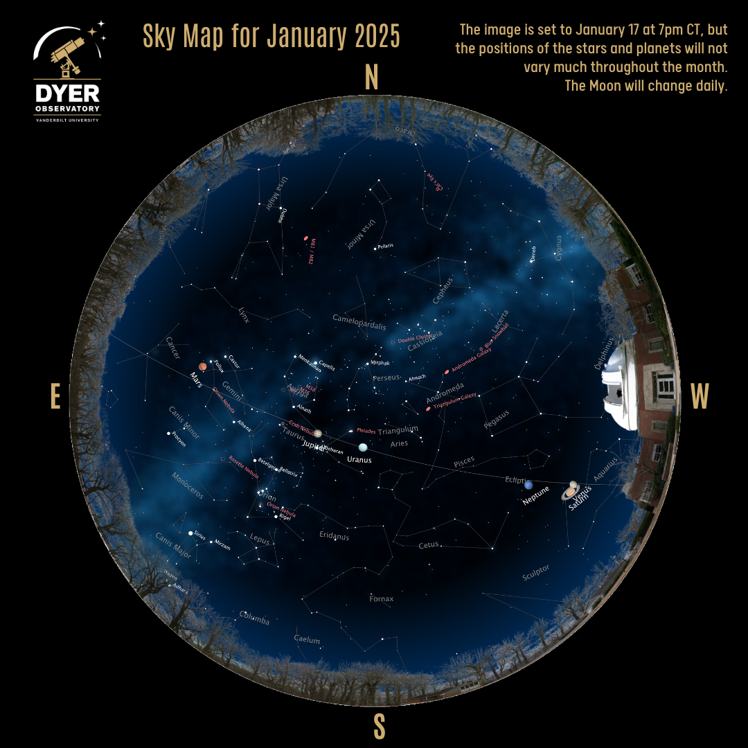 Sky map with Dyer Observatory's grounds around the perimeter