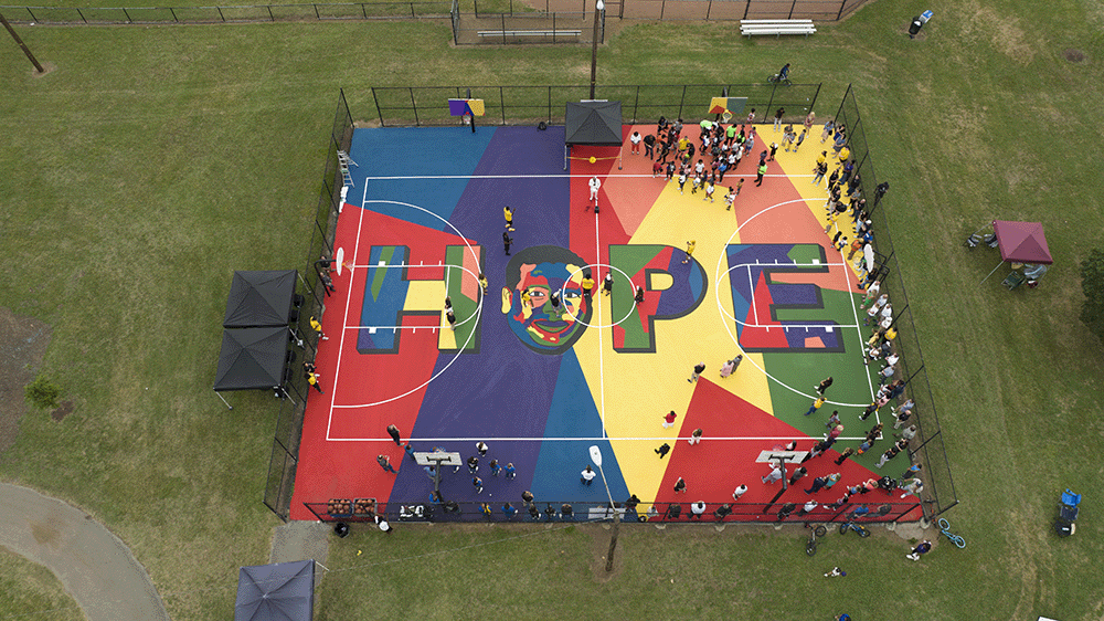 Aerial view of Perry Wallace memorial HOPE mural on the outdoor basketball court at Watkins Park