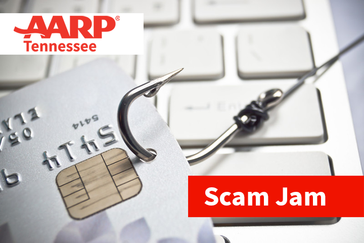 AARP Tennessee Scam Jam, image of a credit card pierced by a fish hook with computer keyboard in background