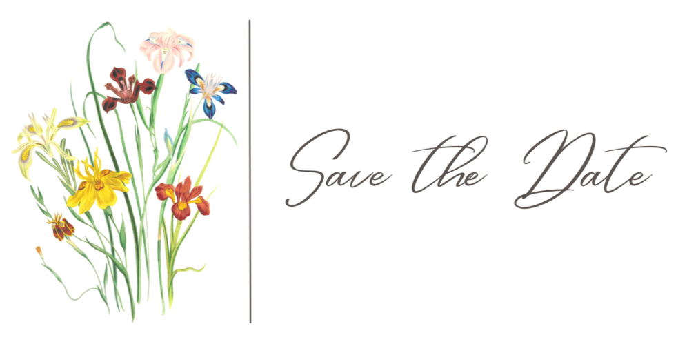 Elegant 'Save the Date' text with watercolor-style wildflowers in yellow, red, blue, and pink on a white background.
