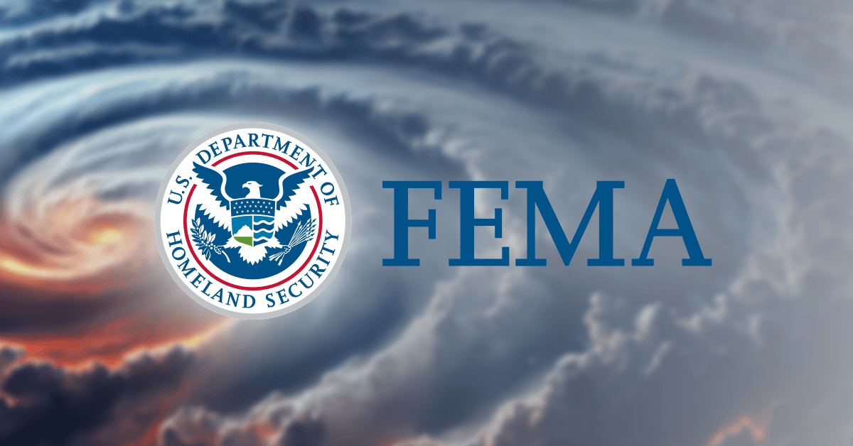 FEMA logo with U.S. Department of Homeland Security seal over a hurricane background, representing disaster response and emergency management.