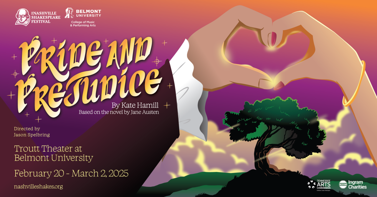 Illustrated poster for Pride and Prejudice by Kate Hamill, presented by Nashville Shakespeare Festival at Belmont University, February 20–March 2, 2025.