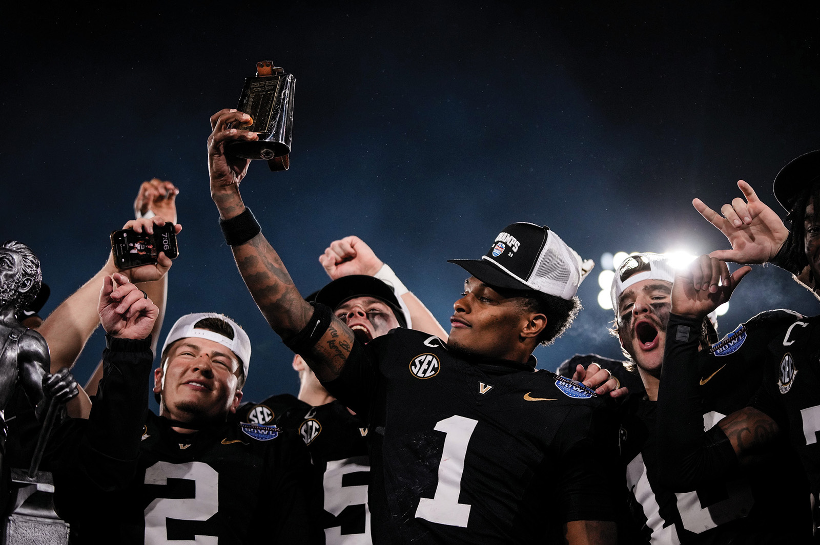 Diego Pavia (left) and CJ Taylor after Vanderbilt's win in the Birmingham Bowl in December 2024 (photo by Brendan Ross)