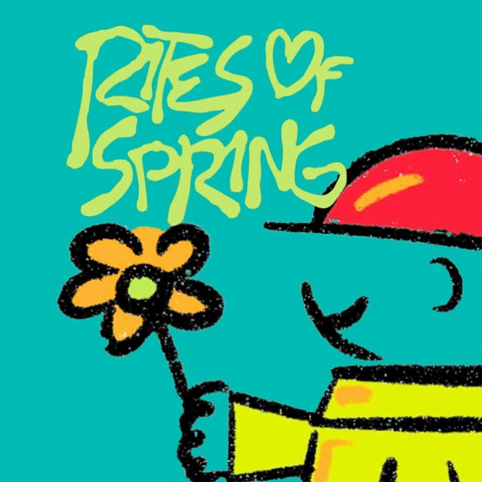 Colorful 'Rites of Spring' logo featuring a stylized figure holding a flower, wearing a red hat, on a teal background.