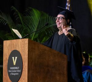 Pictured: Jeremy Padawer delivering 2025 Vanderbilt Business Commencement address