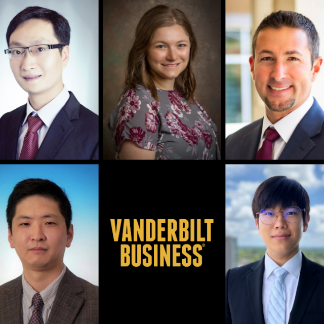 Pictured: The five new academic professionals joining the Vanderbilt Business Faculty are shown in a collage around the Vanderbilt Business gold logo.