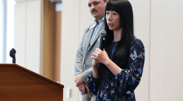 Pictured: Wendy Liu speaking at Orientation