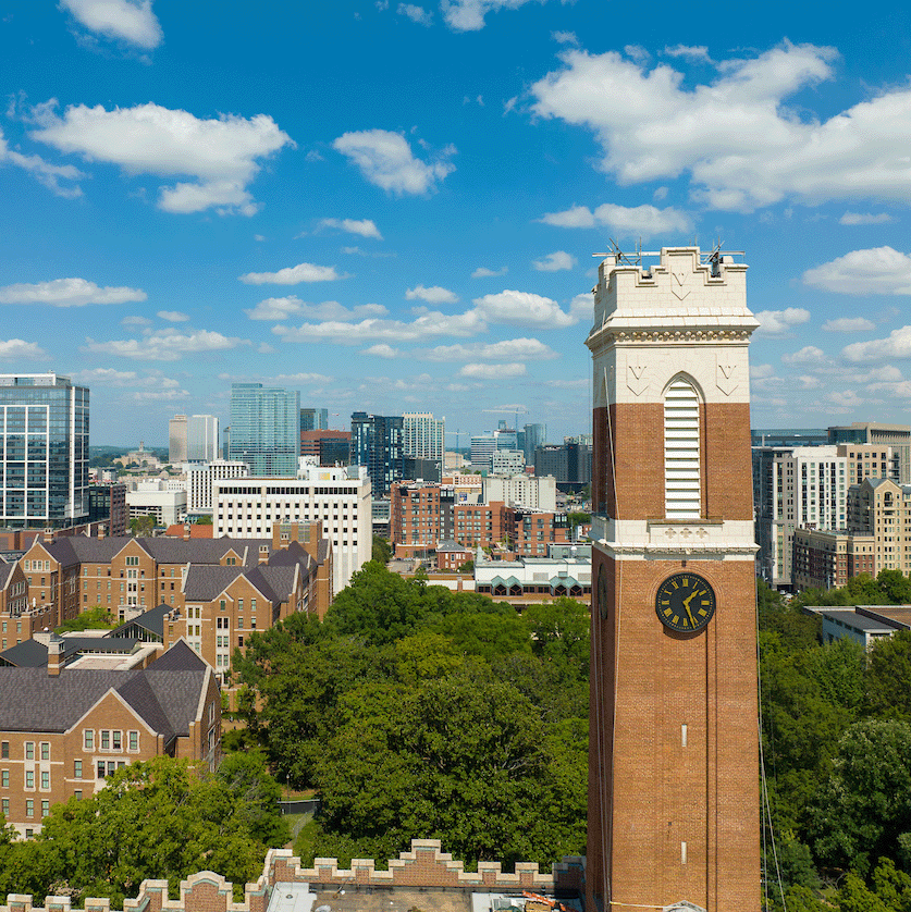 Aerial image of Vanderbilt University campus with Kirkland Hall bell tower in foreground