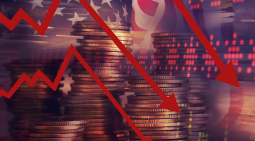 Pictured: An image with an overlay of several different photos gathered together. The image shows stock market predictions, an American flag, American coins, and the market boards.