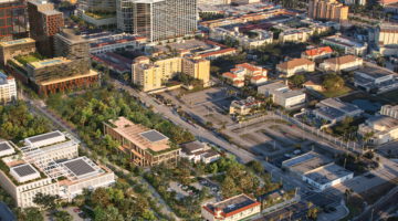 Pictured: An aerial view of the $520 million business school campus Vanderbilt University plans to build in West Palm Beach, Florida. (bottom center of rendering)