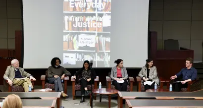 Justin Brooks, far right, was one of several student panelists who asked Ashley Wiltshire, Class of 1972 (far right), questions about his book, "Everyday Justice," in a panel sponsored by the Vanderbilt Legal Aid Society and the Social Justice Program. (Vanderbilt University)