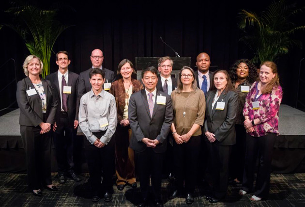 L-r, 1st row: Katherine B. Crawford, Young Jun Kim, Holly J. McCammon, Judy Garber; 2nd row: Provost Susan R. Wente, James R. Booth, Neil David Woodward, Mary Beth Shinn, Robert F. Miller, Moses E. Ochonu, Stacey M. Floyd-Thomas and Clare M. McCabe. (Susan Urmy/Vanderbilt)