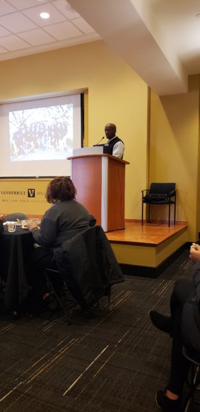 Bishop Joseph Johnson Black Cultural Center Director Rosevelt Noble presenting at the Black History Month Closeout Luncheon. (Jalen Blue/Vanderbilt)