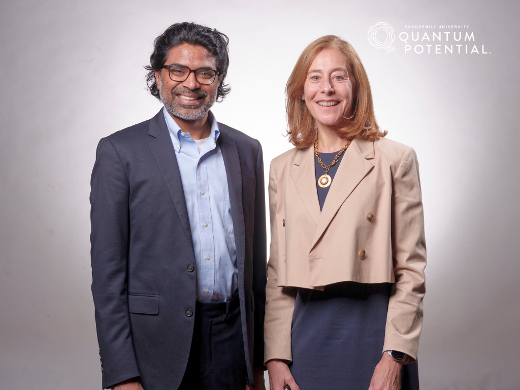 C. Cybele Raver stands with Ganesh Sitaraman during filming of an episode of the podcast 'Quantum Potential.'