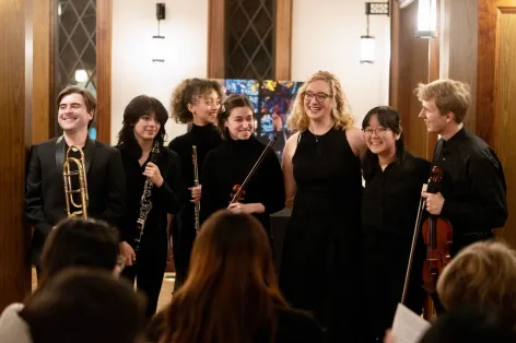 Left to right: Professor Nick Laufer, student performers and friends Maya Mueller, Abrielle Scott, Alexandra Maynard, Emma Chang and Guy Grisham (Joe Howell)