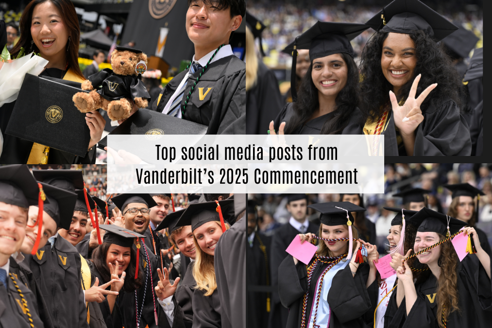 Image text reads: "Top social media posts from Vanderbilt's 2025 Commencement" and features four images of students celebrating at the ceremony. 