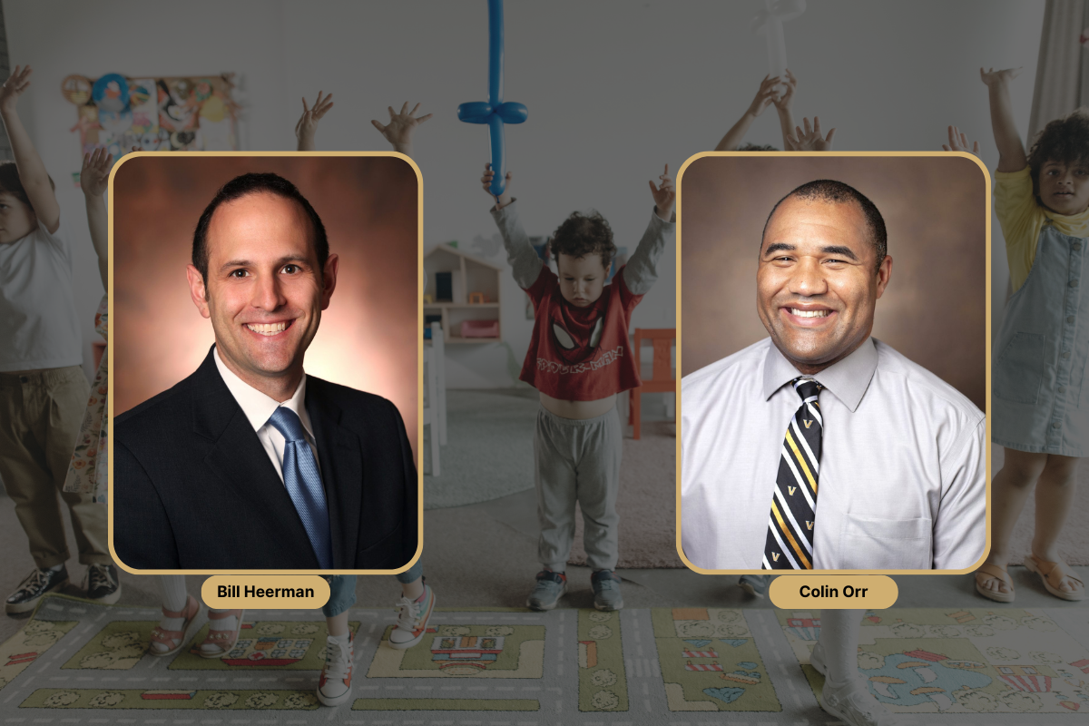 Headshots of Bill Heerman (left) and Colin Orr (right) overlay an image of toddlers playing.